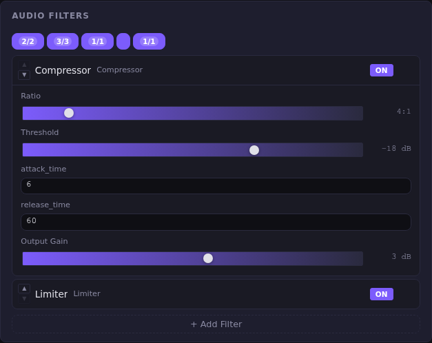 Audio-Filter-Panel: Compressor mit Ratio, Threshold und Output Gain